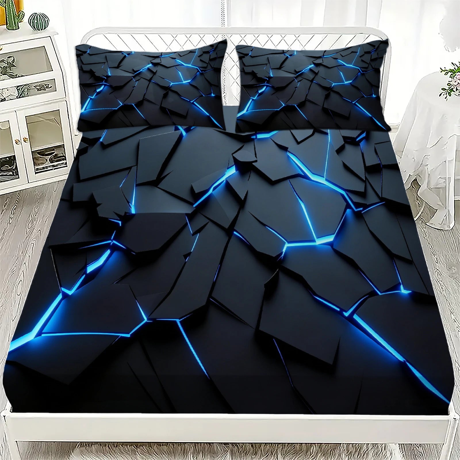 3Pcs Lightning Glow Fitted Sheet Set 3D Printed Soft Red Black Bedspread Single Twin Queen King Size Bed Sheet Set Home Decor
