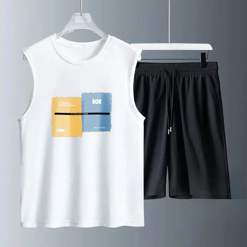 2026 Summer Tank top Set Casual Breathable 2 Piece T-shirt+Shorts Suit Men Tracksuit Loose Vest Jogging Sleeveless Men's Sets